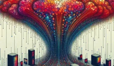 Colorful abstract illustration of a digital cloud with connected computers and data streams.