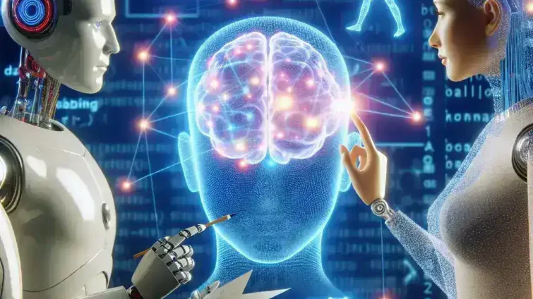 A human-like robot and a female robot interacting with a digital brain interface displaying neural connections.