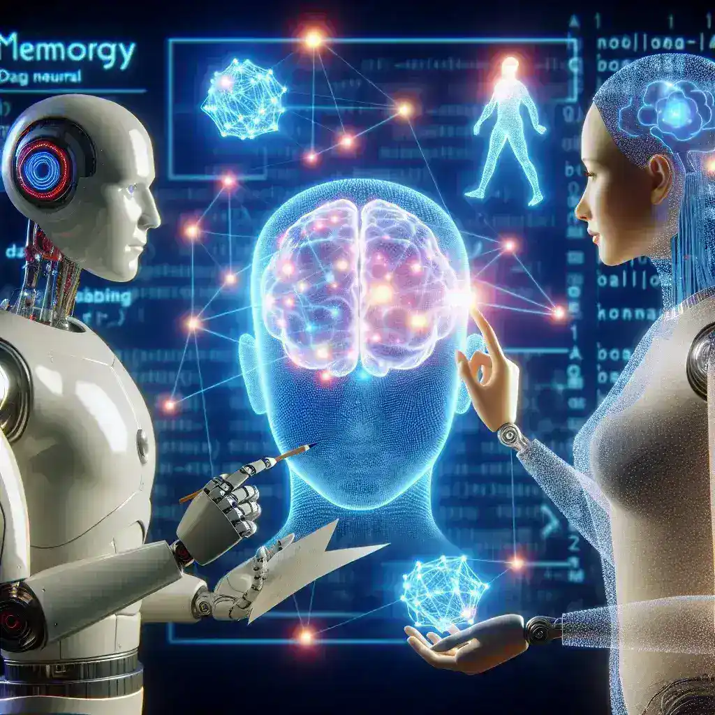 A human-like robot and a female robot interacting with a digital brain interface displaying neural connections.