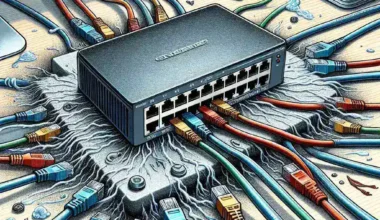A network switch surrounded by various colored Ethernet cables connected to it.