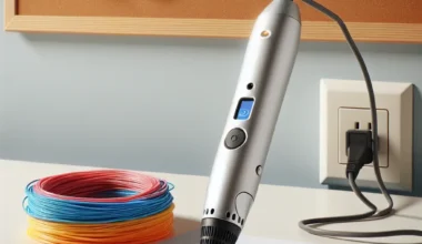 3D printing pen in silver color with colorful filament and paper on a desk.