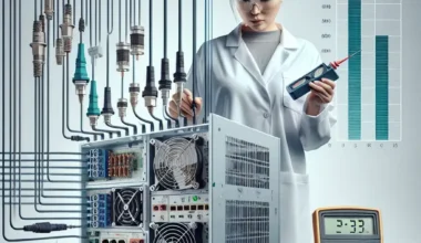 Female technician in a lab coat using a multimeter on a computer power supply unit with various components.