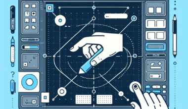 Illustration of a digital design interface with hand tools and controls on a blue background.