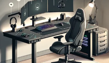 A gaming desk setup featuring dual monitors, a gaming chair, and various accessories including headphones and a keyboard.
