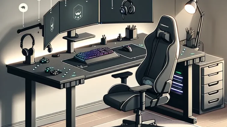 A gaming desk setup featuring dual monitors, a gaming chair, and various accessories including headphones and a keyboard.
