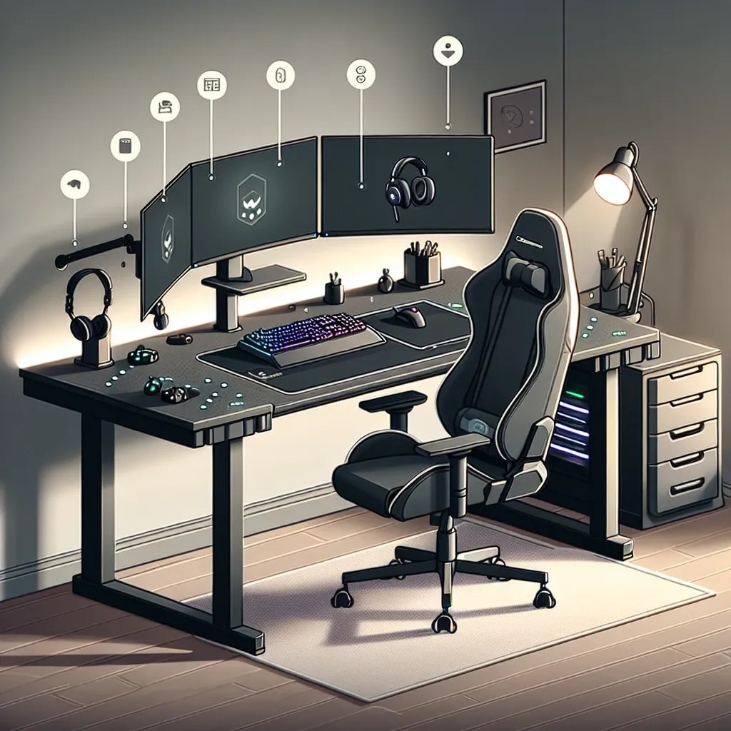 A gaming desk setup featuring dual monitors, a gaming chair, and various accessories including headphones and a keyboard.