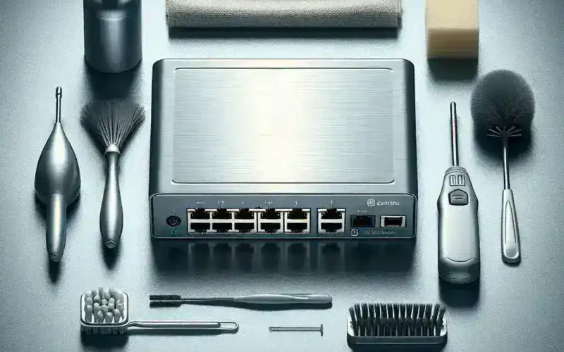 A network switch surrounded by various cleaning tools including brushes and cloths.