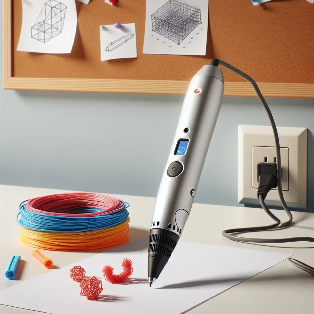 A 3D printing pen with a silver body and colorful filament coils on a desk.