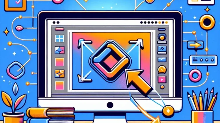 A computer monitor displaying graphic design elements with colorful icons and a mouse on a desk.