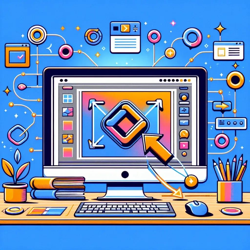 A computer monitor displaying graphic design elements with colorful icons and a mouse on a desk.