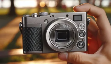 A compact digital camera being held in a hand with a blurred background of sunlight and trees.