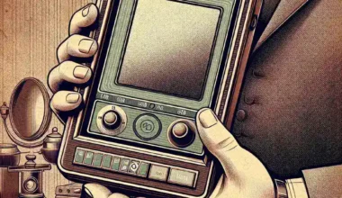 A person in a suit holding a vintage handheld device with buttons and a blank screen.