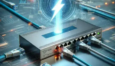 Network switch with multiple Ethernet cables connected and a digital interface displaying data flow.