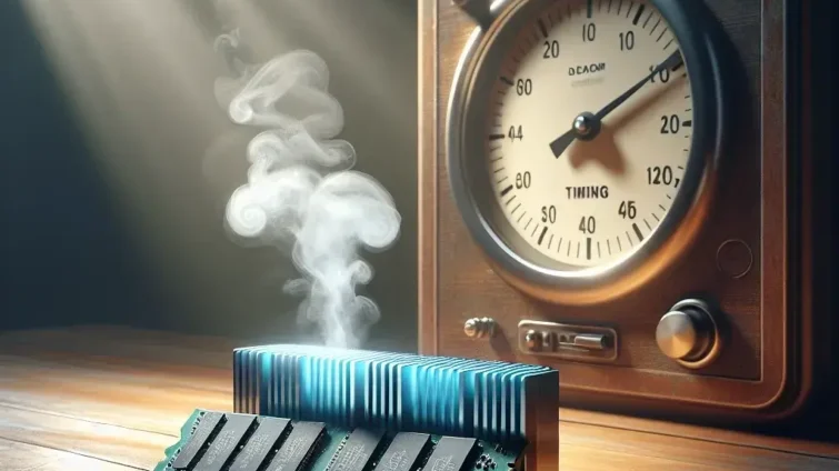 A computer RAM module emitting smoke, placed next to a vintage timer on a wooden surface.