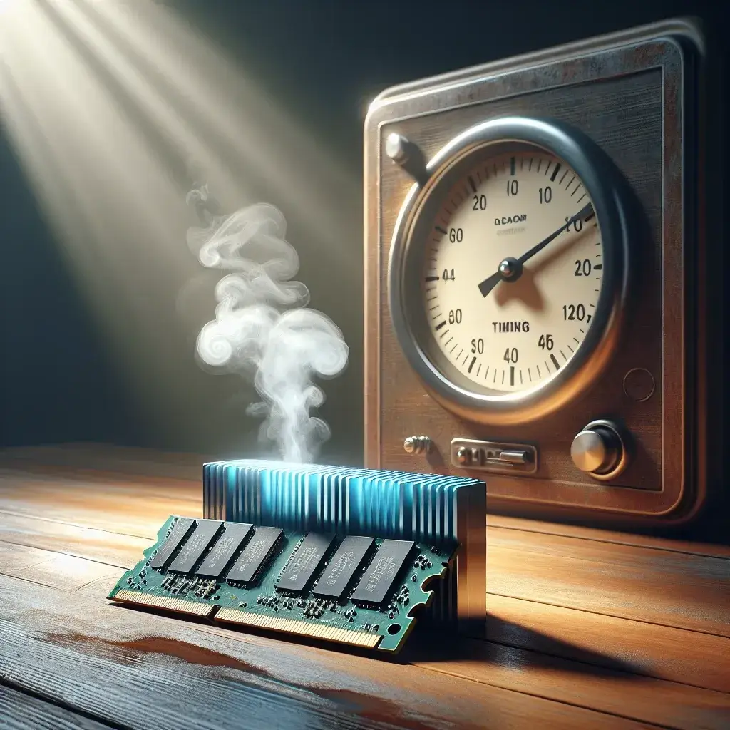 A computer RAM module emitting smoke, placed next to a vintage timer on a wooden surface.