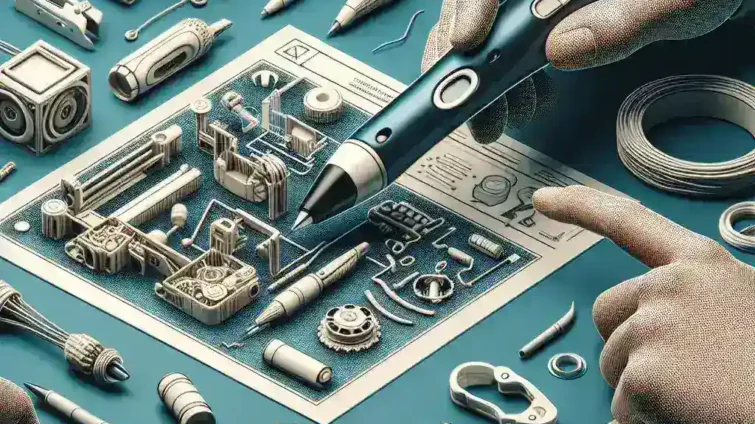 Hands holding a stylus over a technical drawing with various design tools and components arranged around it.