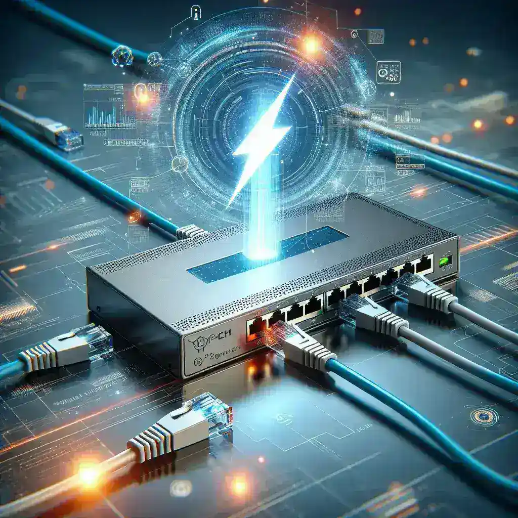 A network switch with multiple Ethernet cables connected, featuring a glowing lightning symbol above it.