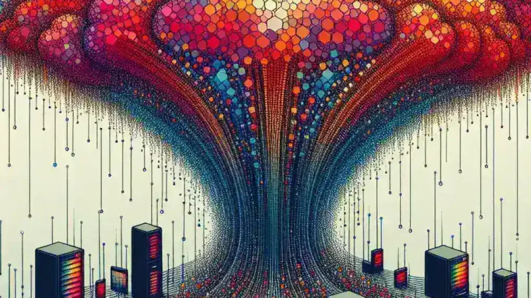 An artistic representation of cloud computing with colorful clouds and computer devices.