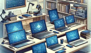 A collection of laptops on a table, each showing various technical diagrams and blueprints.