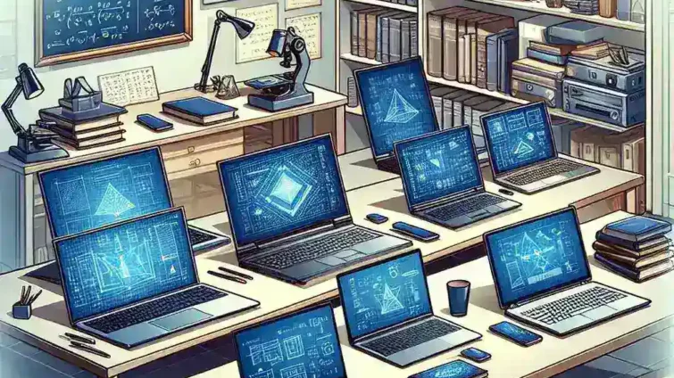 Several laptops on a table showing blueprints and technical diagrams in a study environment.