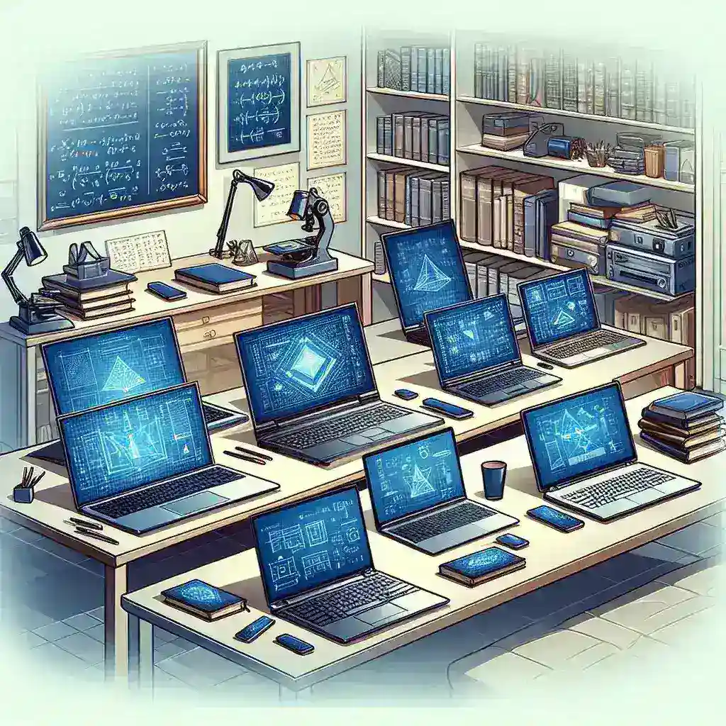 Several laptops on a table showing blueprints and technical diagrams in a study environment.