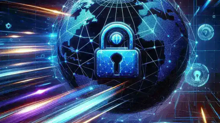 A digital representation of a globe with a padlock symbol, illustrating cybersecurity themes.