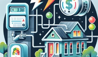 Colorful illustration showing a house with an energy meter and a dollar sign in a stylized design.