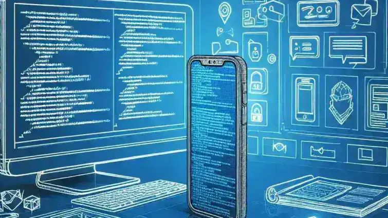 A smartphone and computer displaying digital interface elements and code in a blue-themed design.
