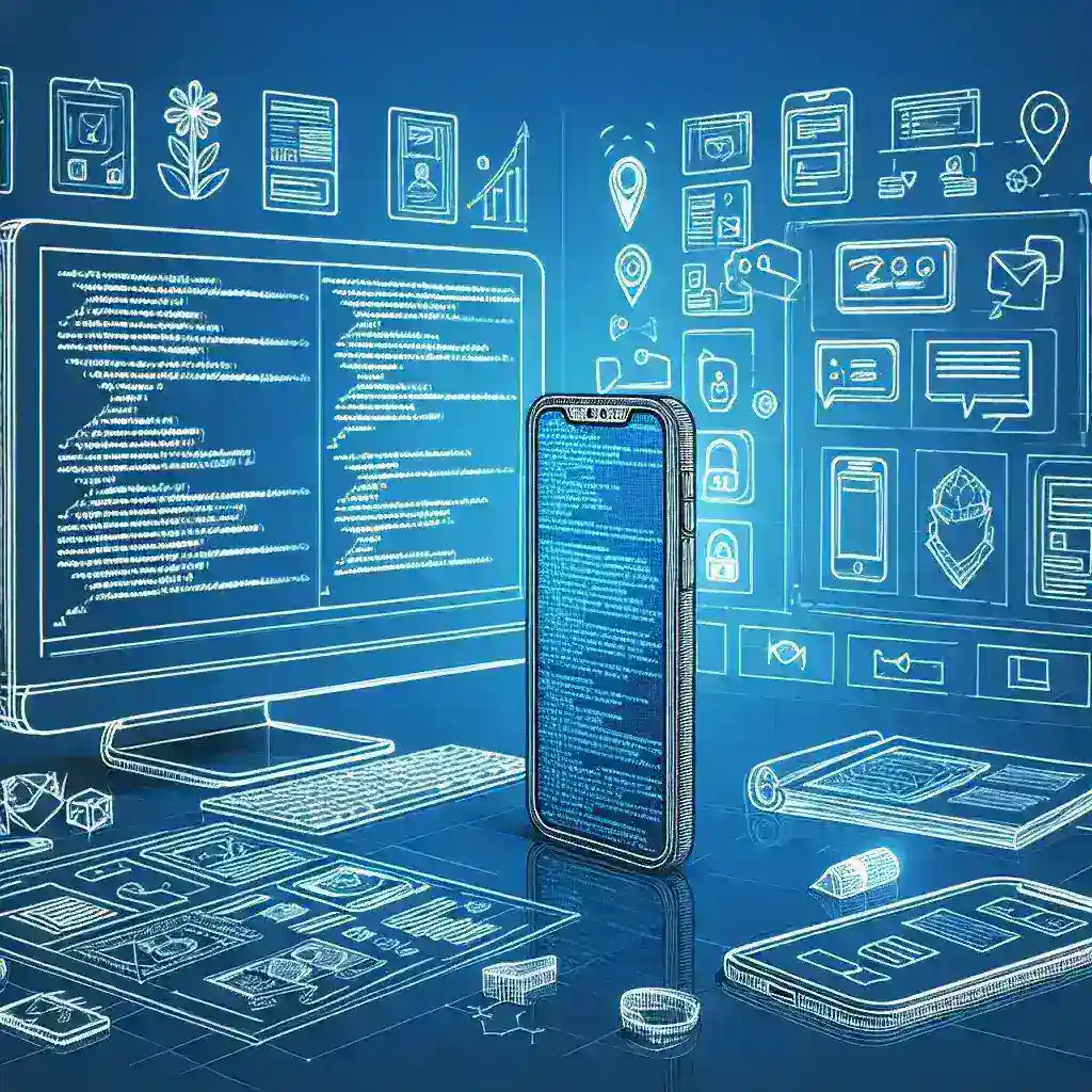 A smartphone and computer displaying digital interface elements and code in a blue-themed design.