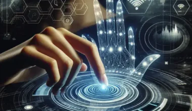 A person interacting with a holographic interface featuring digital elements and graphical data displays.