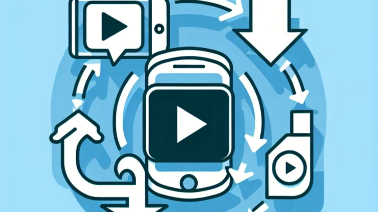 Illustration of a smartphone with video playback icons and download arrows surrounding it.