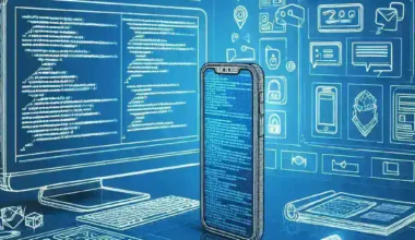 A smartphone and computer screen displaying lines of code and various digital icons in a blue-themed design.