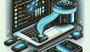 Illustration of a laptop connected to various digital accessories and devices with glowing effects.