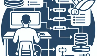 Illustration depicting a person working on a computer with database and data flow elements.