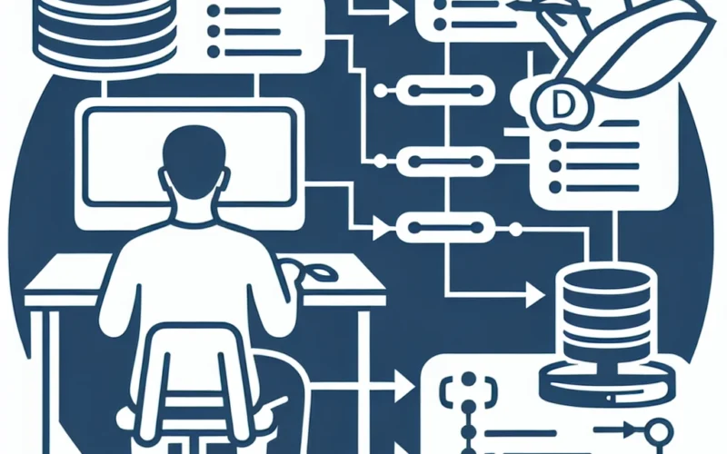 Illustration depicting a person working on a computer with database and data flow elements.