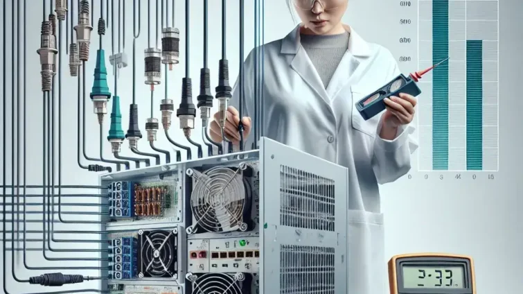 Female technician in a lab coat testing electrical equipment with a multimeter.