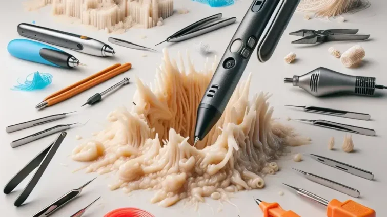 3D printing pen surrounded by various tools and materials on a neutral background.