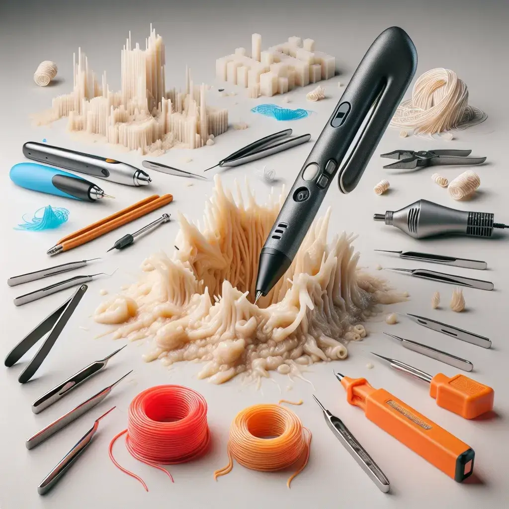 3D printing pen surrounded by various tools and materials on a neutral background.