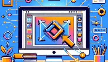 Illustration of a computer screen displaying graphic design tools and elements on a blue background.