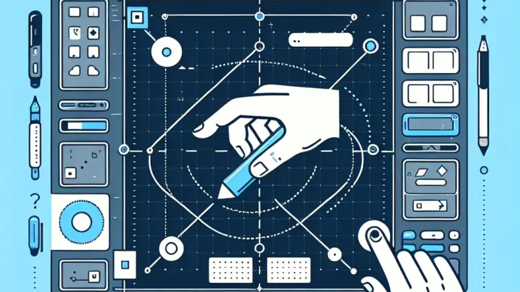 Illustration of a digital design interface featuring a hand holding a stylus and various design tools.
