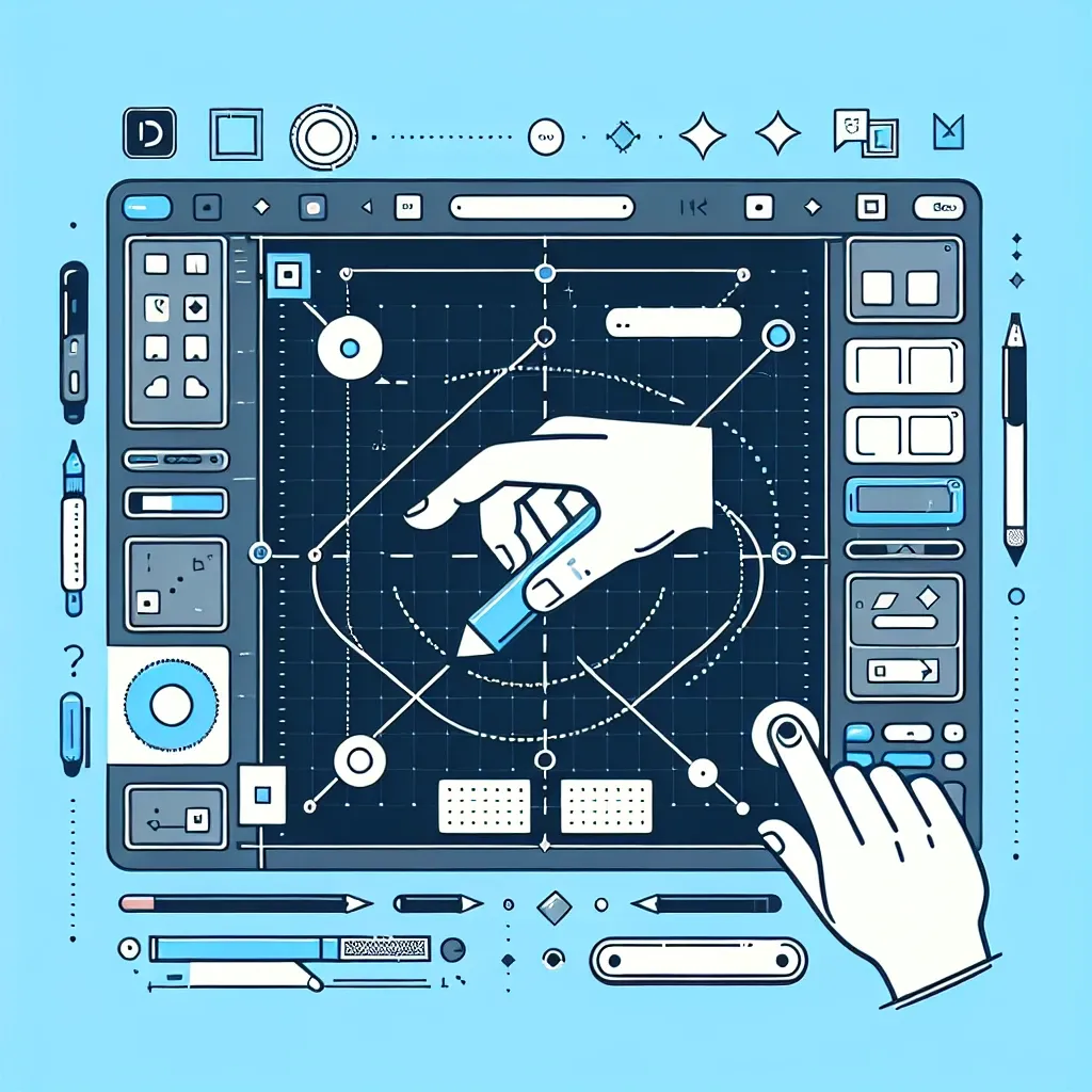 Illustration of a digital design interface featuring a hand holding a stylus and various design tools.
