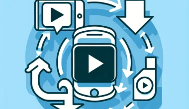 Illustration of a smartphone with video playback and download arrows surrounding it.