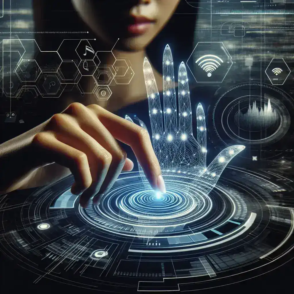 A person interacting with a holographic interface using their finger on a digital display.