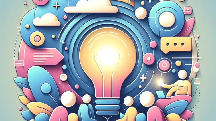 Illustration of a light bulb surrounded by colorful digital icons and shapes on a blue background.