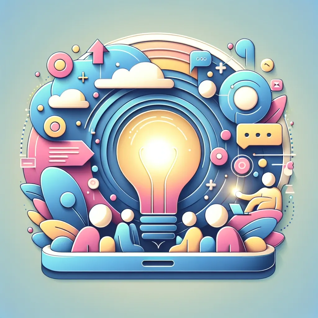 Illustration of a light bulb surrounded by colorful digital icons and shapes on a blue background.