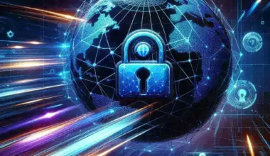 Digital representation of a globe with a padlock symbolizing cybersecurity and data protection.