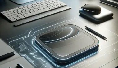 A sleek black device on a modern desk with a keyboard, mouse, and pens.