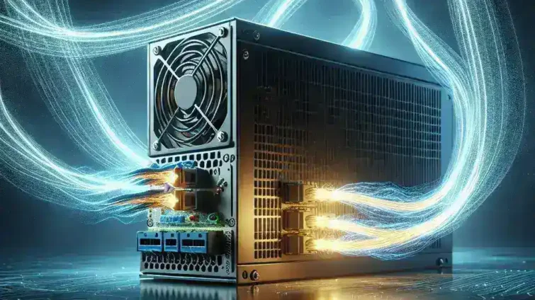 A computer power supply unit with illuminated cables emitting light in a dark setting.