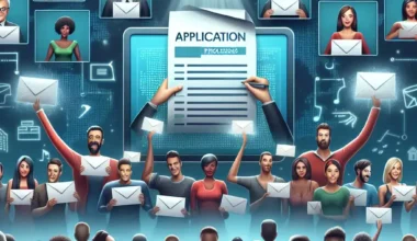 Digital illustration showing diverse individuals holding envelopes and a large application form in a tech-themed environment.