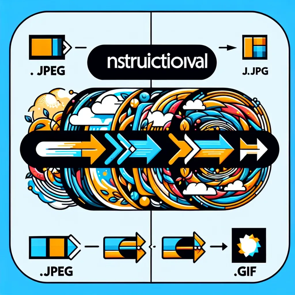 Graphic illustrating different image file formats including JPEG and GIF with arrows and colorful designs.